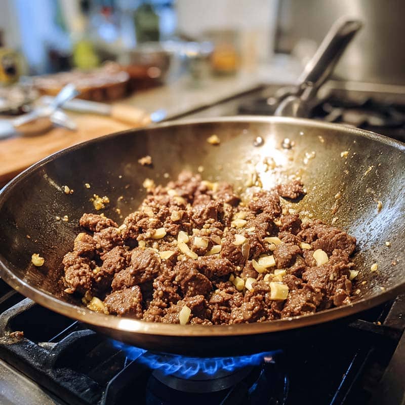 Browning ground beef with garlic and ginger in wok