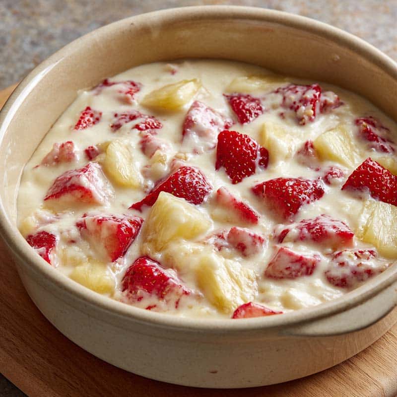 Mixing pineapple strawberry pound cake batter in ceramic bowl