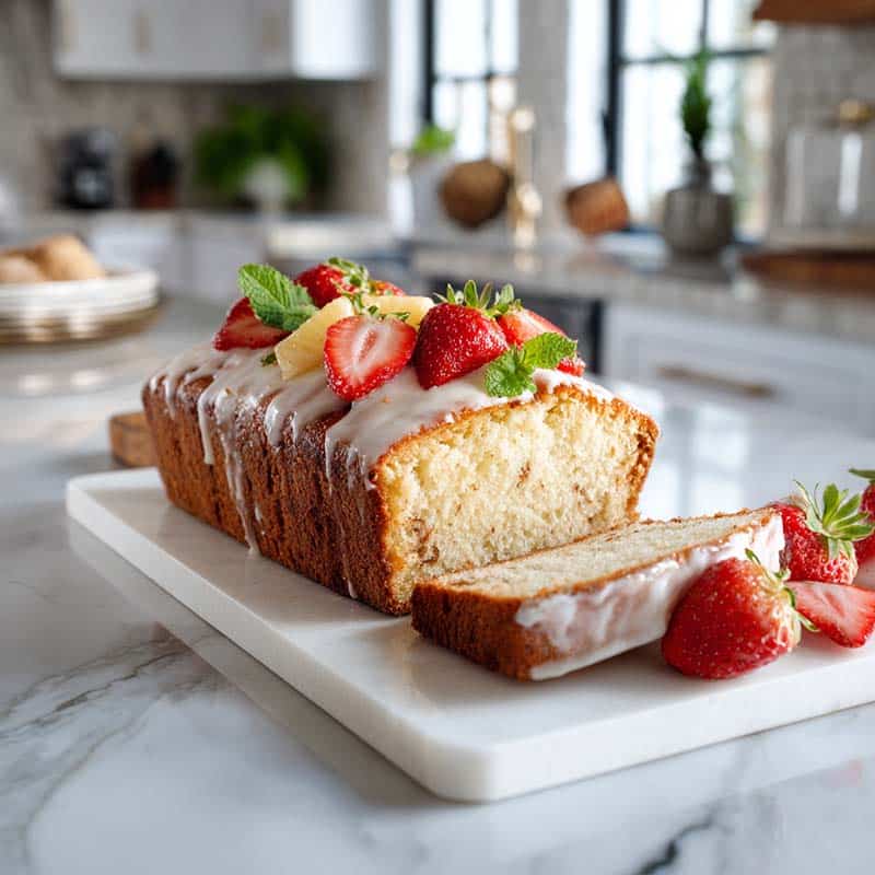 Pineapple strawberry pound cake sliced on white marble counter
